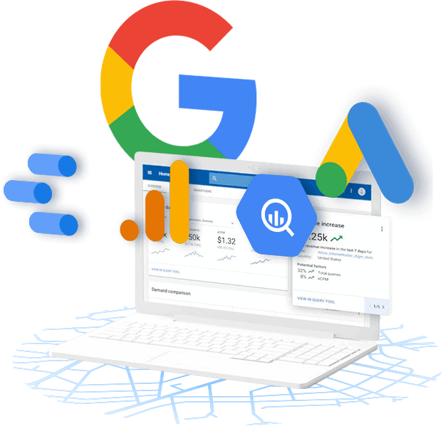 A creative icon suggesting Google insights is shown to showcase Google Ads management services.